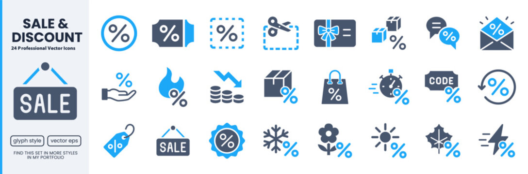 Discount and sale icon set for e-commerce marketing. Percentage symbols, coupons, promo codes, gift cards, seasonal offers. Price drop, flash sale, cashback, shipping blue glyph icons for web design