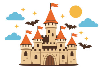Fototapeta premium Whimsical illustration of a magical castle depicting bats flying around for fairy tale adventures