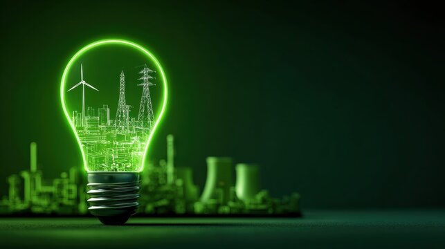 Green energy concept light bulb with city and power lines