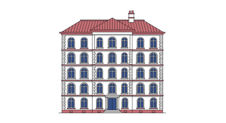 Fototapeta premium Architectural illustration of a classic multi story residential building shows multiple windows and a red roof against white.
