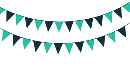 Fototapeta premium Two festive rows of teal and dark blue triangular bunting flags are draped across a clean white background for a party.