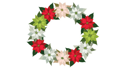 Beautiful Christmas wreath made from a variety of red, white, pink, and green poinsettia flowers with green leaves.
