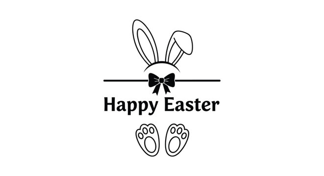Minimalist happy easter greeting design with black bunny ears, a small bowtie, and cute paw prints on a clean white background art.