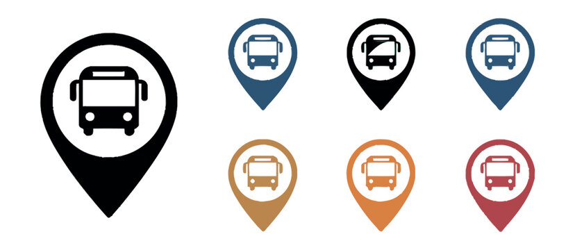 Bus Concept Vector Icon Set, Public Transport Symbols with Map Location Markers