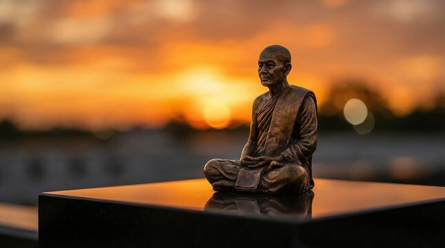 Serene monk statue at sunset with reflection