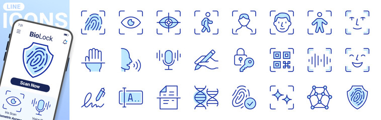 Biometric identification and identity verification icon set with fingerprint, face recognition, iris scan, voice authentication. Security symbols for access control, DNA. Blue duotone line vector