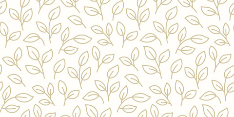 Seamless leaf pattern with hand drawn botanical sprigs and foliage line art. Minimalist organic background for wallpaper, fabric, stationery. Neutral earth tone branches on white background.