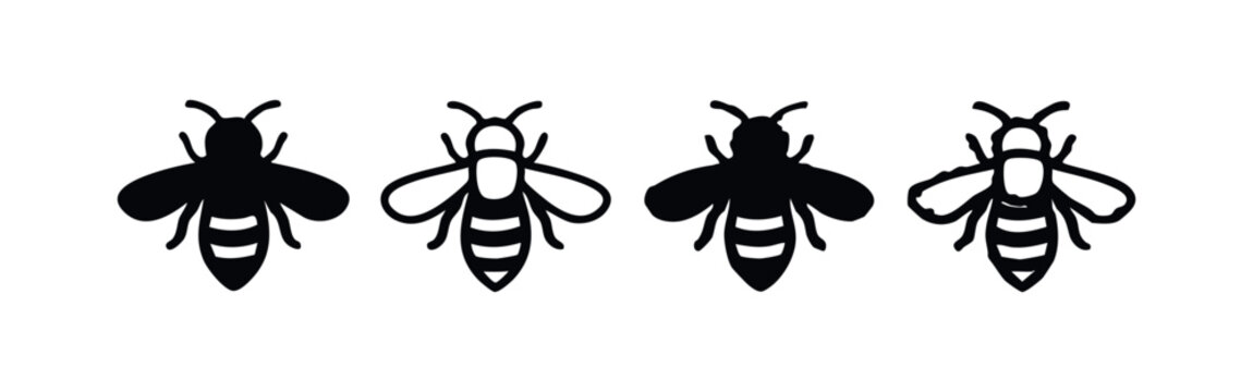 Honey bee icons set. Insect outline and silhouette vector collection, nature symbols.