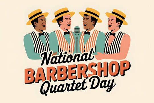 Retro barbershop quartet singing vintage illustration yellow hats striped shirts celebration