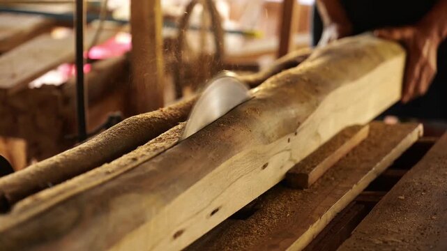 Bandsaw blade cutting fresh timber log at traditional sawmill workshop