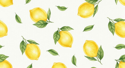 Obraz premium Pattern of yellow lemons and green leaves on a light background, ideal for textile design or wallpaper applications