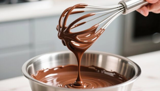 Whisk dipped in melted chocolate above a stainless steel bowl, smooth chocolate mixture visible, kitchen countertop in the background