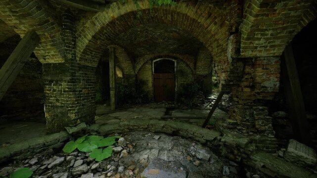 Sunlit stone doorway mossy threshold rays piercing arch wet flagstones verdant growth tranquil decayed beauty cinematic lighting perfect for heritage nature