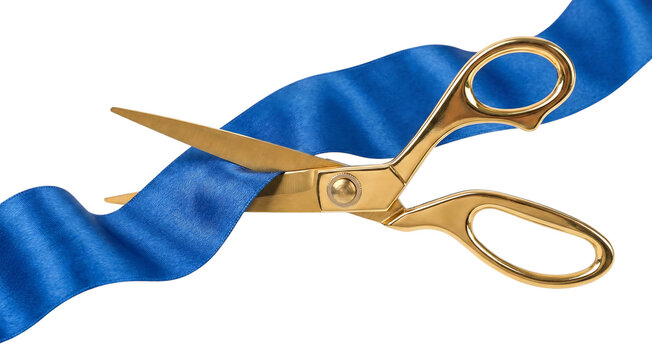 Golden scissors cutting blue ribbon grand opening ceremony concept business launch event inauguration success celebration marketing photo cutout ceremonial moment isolated on a transparent background