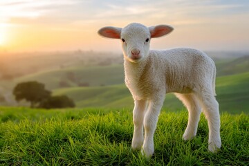 Obraz premium Easter lamb stands in green grassy field at sunrise