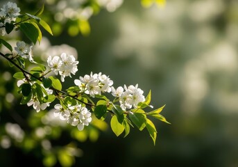 Blooming white flowers on branch with green leaves in spring