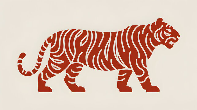 Minimalist stylized red tiger illustration with white stripes on cream background.