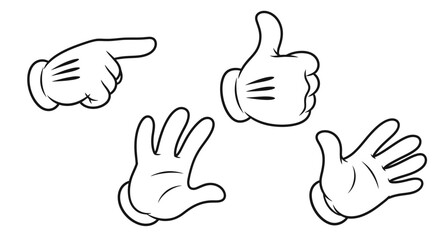 Obraz premium Collection of cartoon glove hands showing thumbs up, pointing, and open palm gestures on an isolated white background.