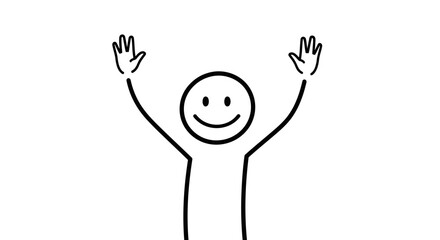 Happy stick figure person with arms raised in a cheerful and joyful pose in a bright studio background.