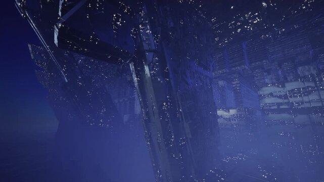 Construction crane and scaffold rising into foggy night, steel beams and concrete platforms with dripping rain, deserted worksite framed by distant neon skyline