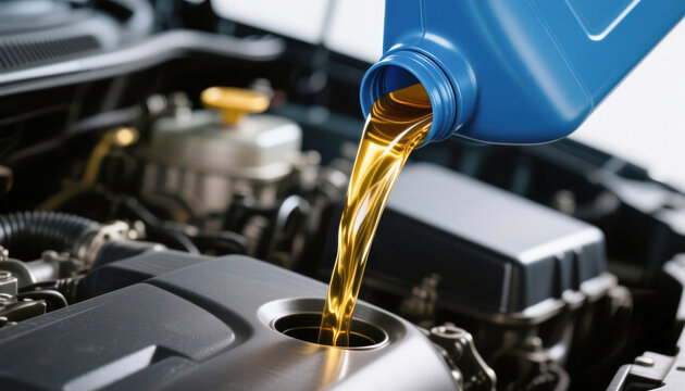 Oil being poured from a blue container into the engine compartment of a modern car, showcasing the maintenance process in an automotive setting