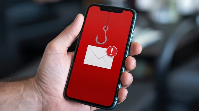 Person holding smartphone with phishing email warning on screen displaying hook and envelope icons