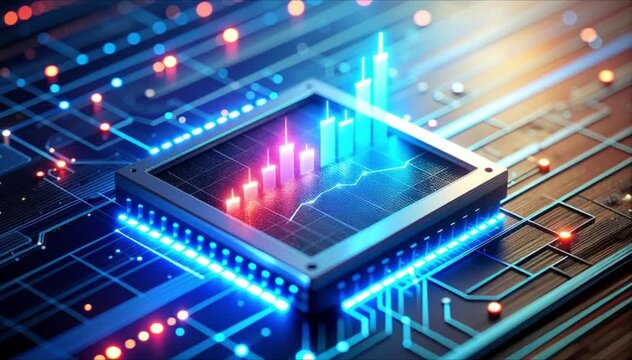 Futuristic financial data processing on microchip with glowing stock market candle charts (AI Generated)