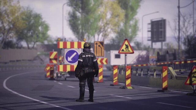 Emergency responder standing by barricade observing detour route, reflective strips visible on dark suit, road signs and cones framing scene, morning light