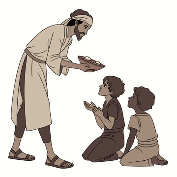 Man offering food to two kneeling boys in ancient clothing