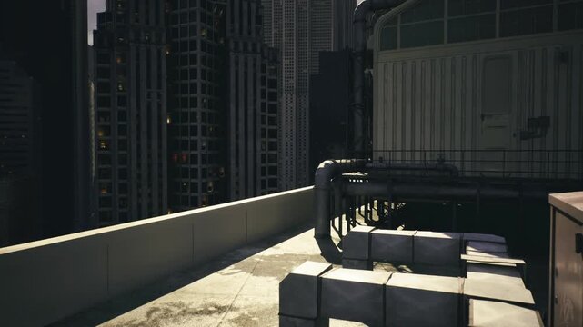 Gloomy rooftop terrace with shadowed ducts and highrise backdrop, cool dusk tones and textured concrete evoking quiet industrial mood suitable for cinematic,