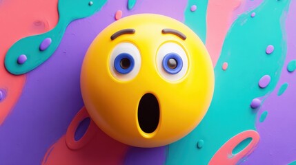 A 3D rendered surprised emoticon against a vibrant, abstract background