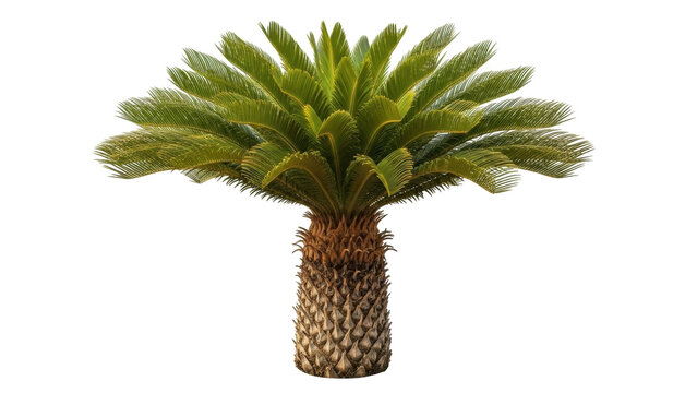 Isolated Cycad Plant, Green Fronds with Rough Textured Trunk, Tropical Botanical Specimen
