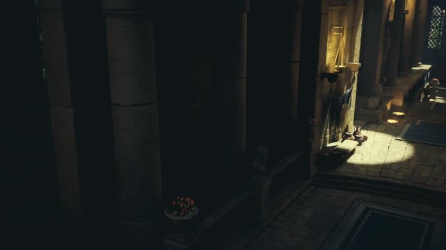 stone guardian statue bathed in shaft of sunlight within columned niche, carved details and weathered patina convey watchful presence, cinematic composition
