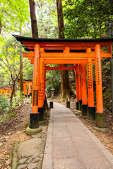 Leading vermilion torii gates forming ascending pathway through forest at Fushimi Inari Taisha in Kyoto Japan under soft daylight, Kyoto, Japan