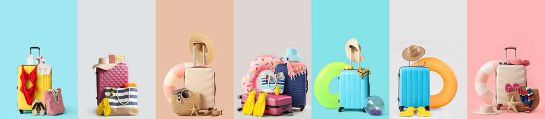 Set of suitcases and traveler accessories on color background. Tourism concept © Pixel-Shot