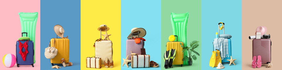 Set of suitcases and traveler accessories on color background. Tourism concept © Pixel-Shot