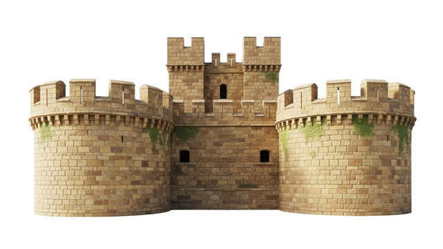 Isolated weathered stone castle fortress, medieval stronghold, fortified architecture building