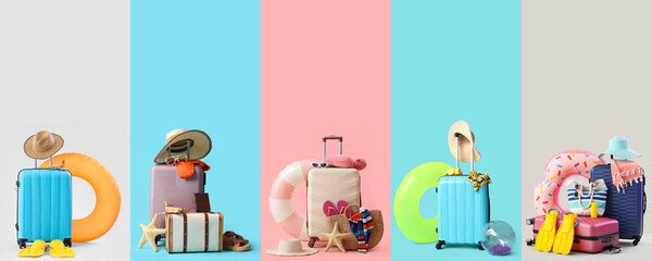 Set of suitcases and traveler accessories on color background. Tourism concept © Pixel-Shot