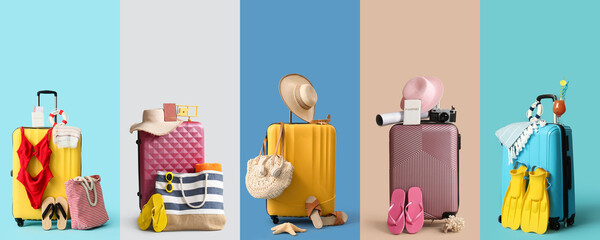 Set of suitcases and traveler accessories on color background. Tourism concept © Pixel-Shot