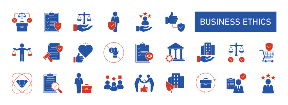 Business ethics icon set. Compliance, fairness, integrity, loyalty, trust, equality, code of conduct, honesty, anti corruption, transparency. Solid vector symbol collection. eps 10