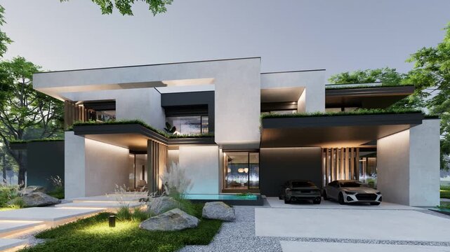 4K video rendering of two-story house with parking and pool for sale or rent with concrete facade and beautiful landscaping Clear summer evening with cozy light from window