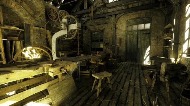 Bright sundrenched makerspace with open bench and stacked planks. Active light pools on lathe and wheel, scattered clamps and stools, visible dust motes,