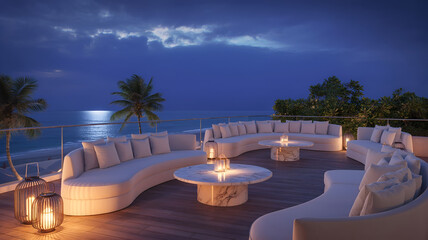 Fototapeta premium Luxury Oceanfront Rooftop Lounge at Blue Hour with Candlelit Tables, Curved White Sofas and Palm Trees, Romantic Tropical Resort Night Scene