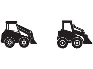 Fototapeta premium Two black silhouettes of wheel loaders or frontend loaders with buckets on white background for construction or industrial design heavy equipment icons