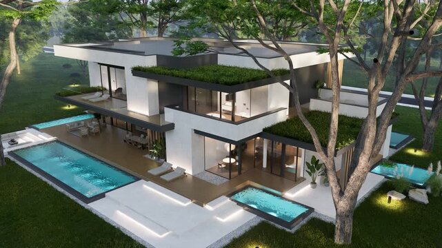4K video rendering of two-story house with parking and pool for sale or rent with concrete facade and beautiful landscaping Clear summer evening with cozy light from window