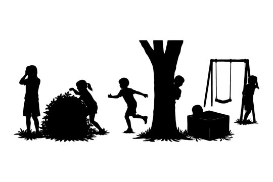 Silhouette of children playing hide and seek outdoors with tree and swing set.