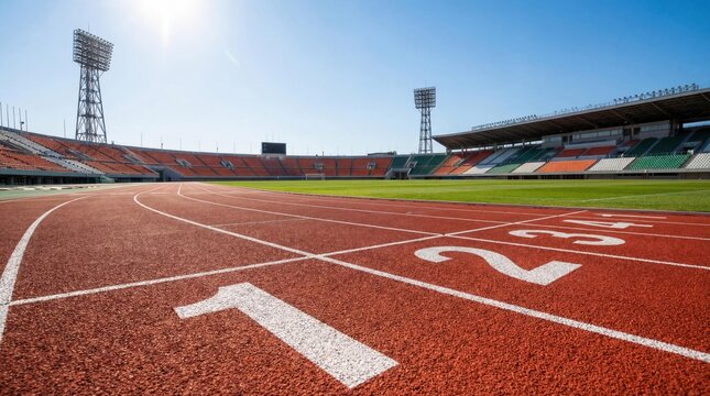 Sunny stadium running track with empty lanes awaiting athletes and competition
