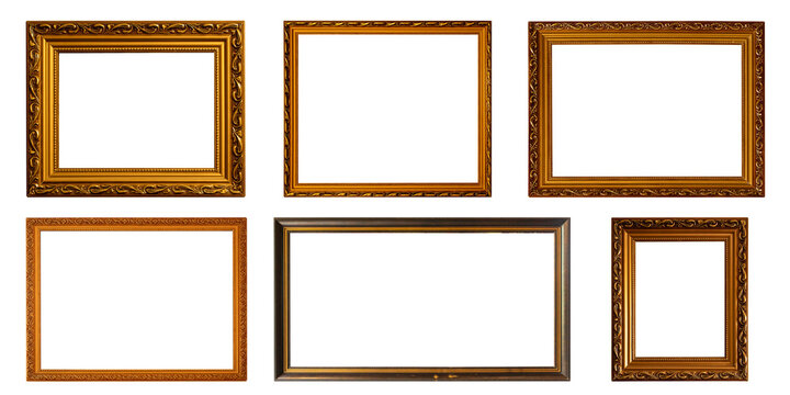 Collection of vintage golden picture frames isolated on transparent background PNG.