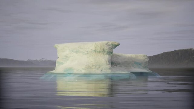 Solitary Antarctic tabular iceberg reflected on still water, overcast sky and distant rocky coastline, muted pastel tones, subtle underice blue glow, mirrorlike