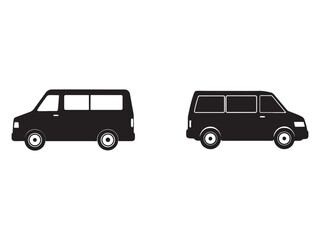 Fototapeta premium Two black van silhouettes side view profile vehicles in different angles transportation icons automotive illustrations